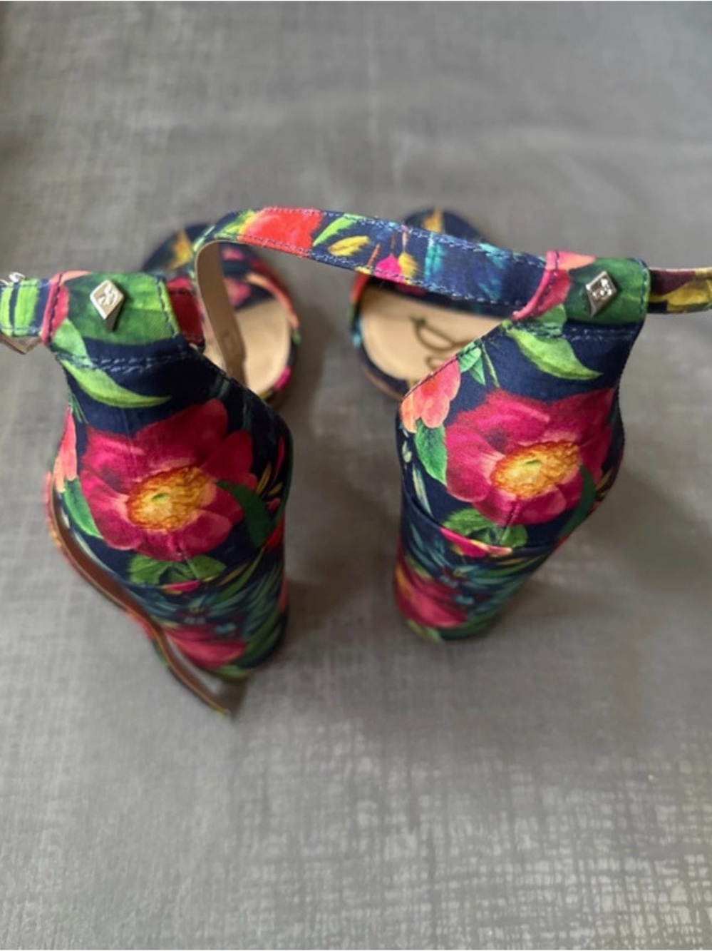 Sam Edelman Navy Floral Open-Toe Ankle-Strap Heels with Pink & Teal Accents - Picture 5 of 6